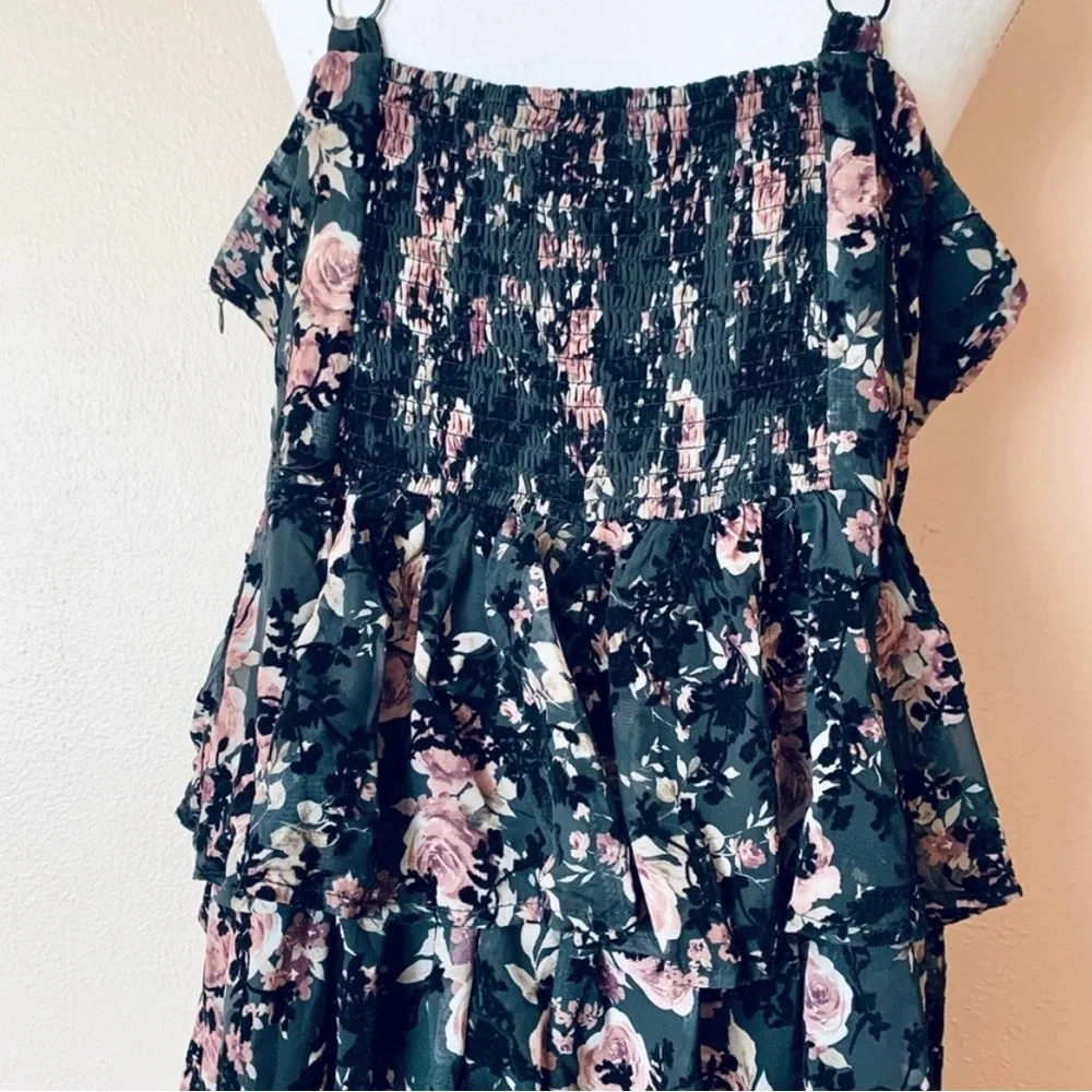 Arula Black & Pink Velvet Floral Sleeveless Tiered Maxi Dress - Picture 2 of 7